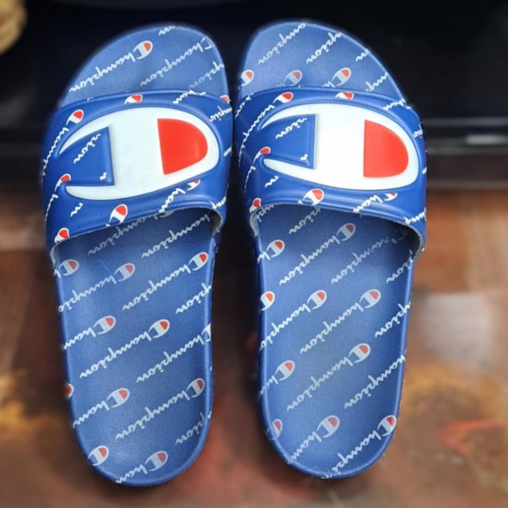 Champion IPO Monogram Classic Slip On Slides - Blue/White/Red